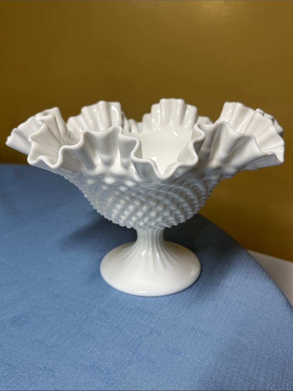Fenton Hobnail Milk Glass Ruffled Edge Compote, 1950s Pedestal Dish 6.75” tall